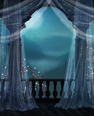 Ethereal Castle Balcony at Night with Flowing Starry Curtains and Purple Flowers HD phone wallpaper