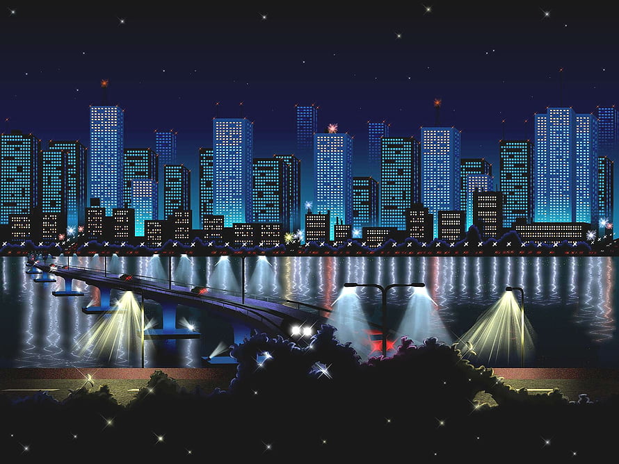 Streets of Rage Nighttime Cityscape with Glowing Skyline and Bridge Reflections HD wallpaper