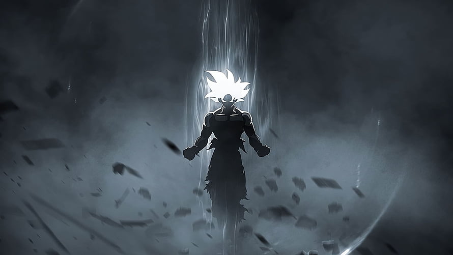 Goku Black Silhouette in Dark Storm with Spiky White Hair and Energy Aura HD wallpaper