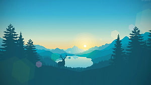 Flat Vector Deer Silhouette in Serene Mountain Lake Landscape at Sunrise HD wallpaper