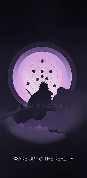 Madara Uchiha Silhouette With Rinnegan Symbol Against Purple Moon HD phone wallpaper