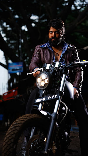 Yash in KGF Attitude Pose on Custom Motorcycle with Leather Jacket HD phone wallpaper