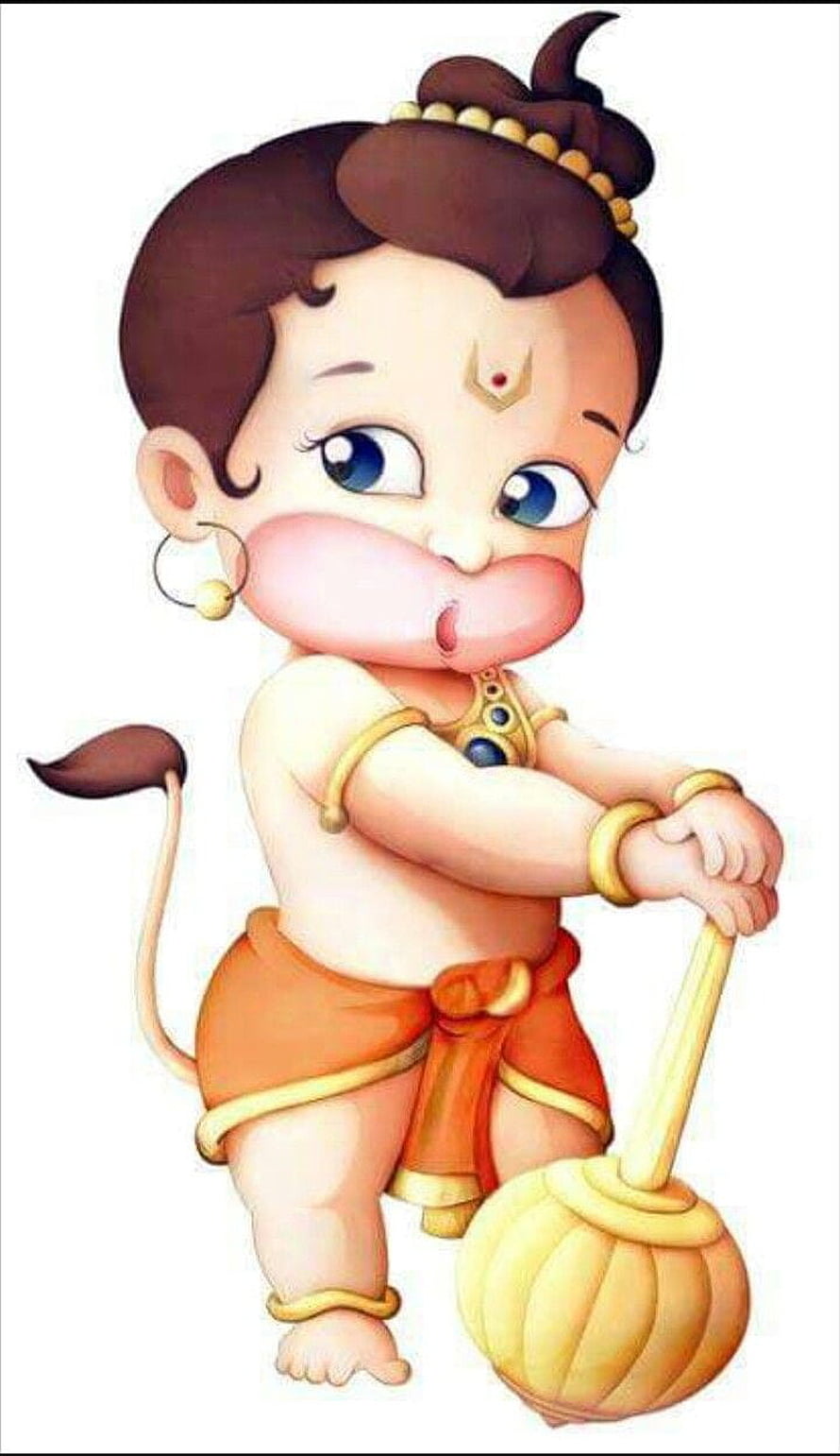 Cute Baby Hanuman Holding Mace in Orange Dhoti with Gold Jewelry and Tail HD phone wallpaper