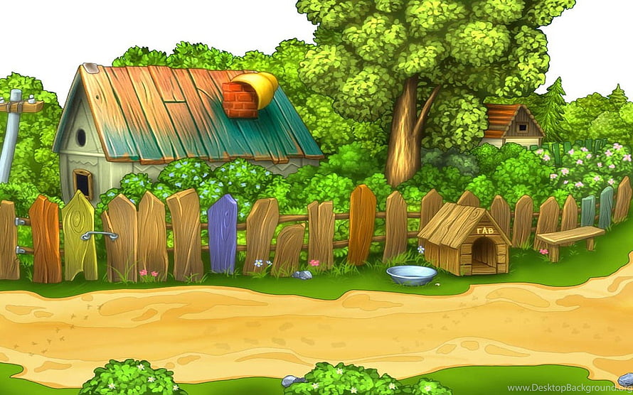 Colorful Cartoon Farmhouse with Rustic Fence and Lush Green Garden HD wallpaper