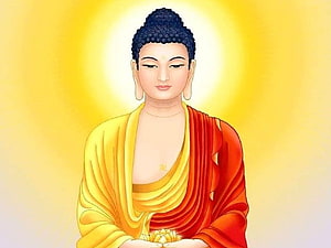 Gautam Buddha Portrait in Golden Robes with Radiant Halo and Lotus HD wallpaper