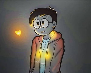 Nobita Nobi from Doraemon in a moody digital illustration with warm glowing light and a floating heart HD wallpaper