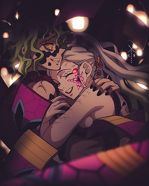 Daki and Gyutaro Embrace in Dark Lantern-Lit Scene from Demon Slayer HD phone wallpaper