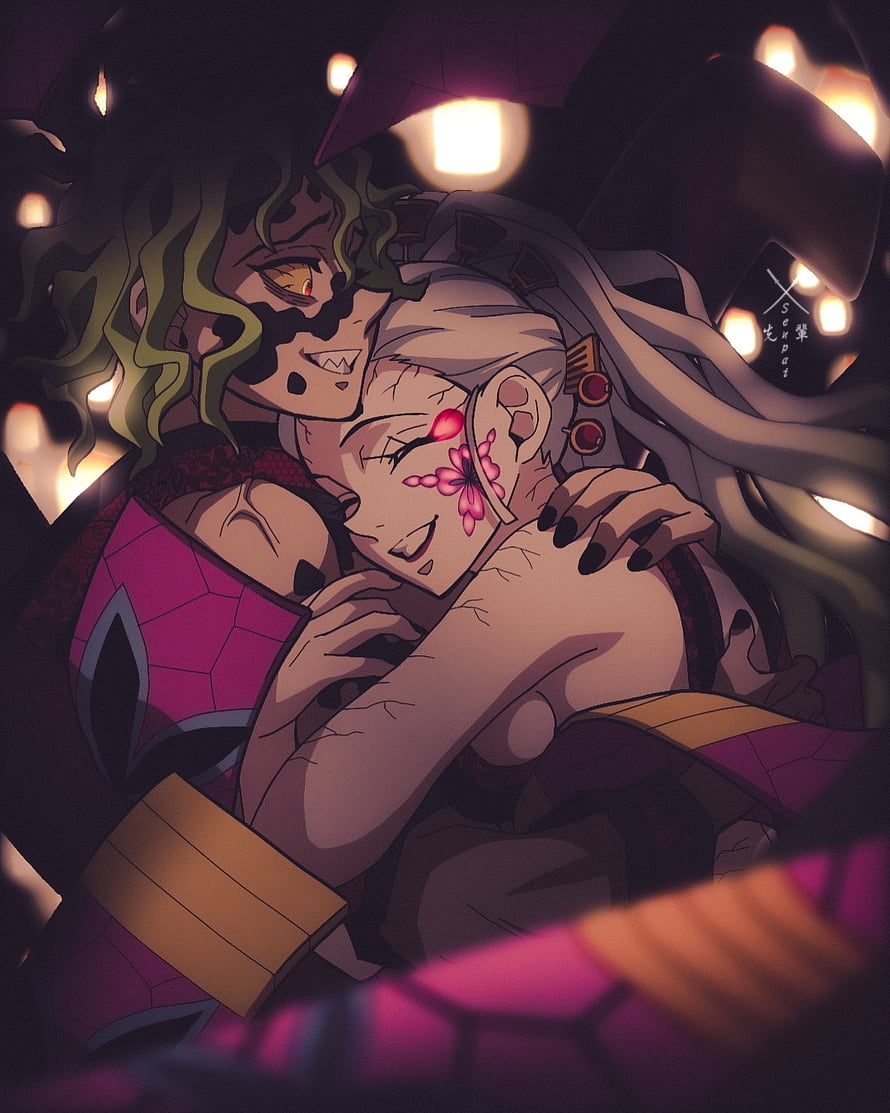 Daki and Gyutaro Embrace in Dark Lantern-Lit Scene from Demon Slayer HD phone wallpaper