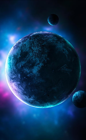 Mysterious Blue Planet with Moons in Deep Space Nebula HD phone wallpaper
