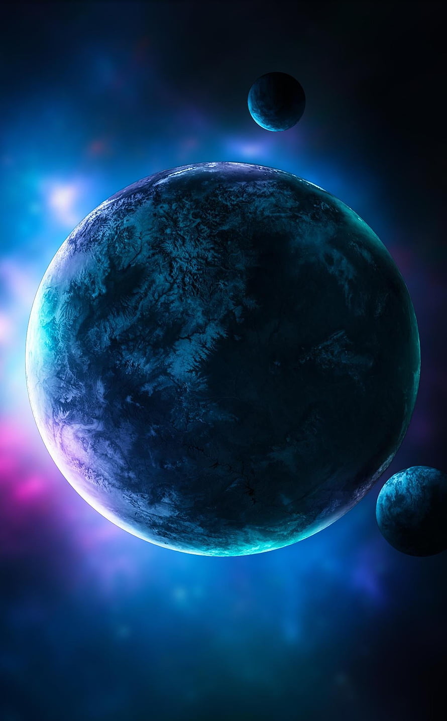 Mysterious Blue Planet with Moons in Deep Space Nebula HD phone wallpaper
