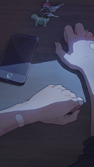 Melancholic Anime Illustration of Hands on Desk with Smartphone and Keys HD phone wallpaper