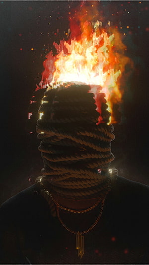 Kendrick Lamar Silhouette with Burning Flame Head and Gold Chain Necklace HD phone wallpaper