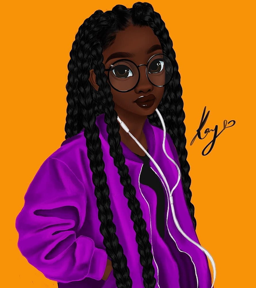 Digital illustration of a young woman with long braids, round glasses, and a purple jacket against an orange background HD phone wallpaper