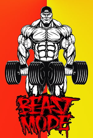 Beast Mode Bodybuilder Illustration with Dumbbells on Red and Yellow Background HD phone wallpaper