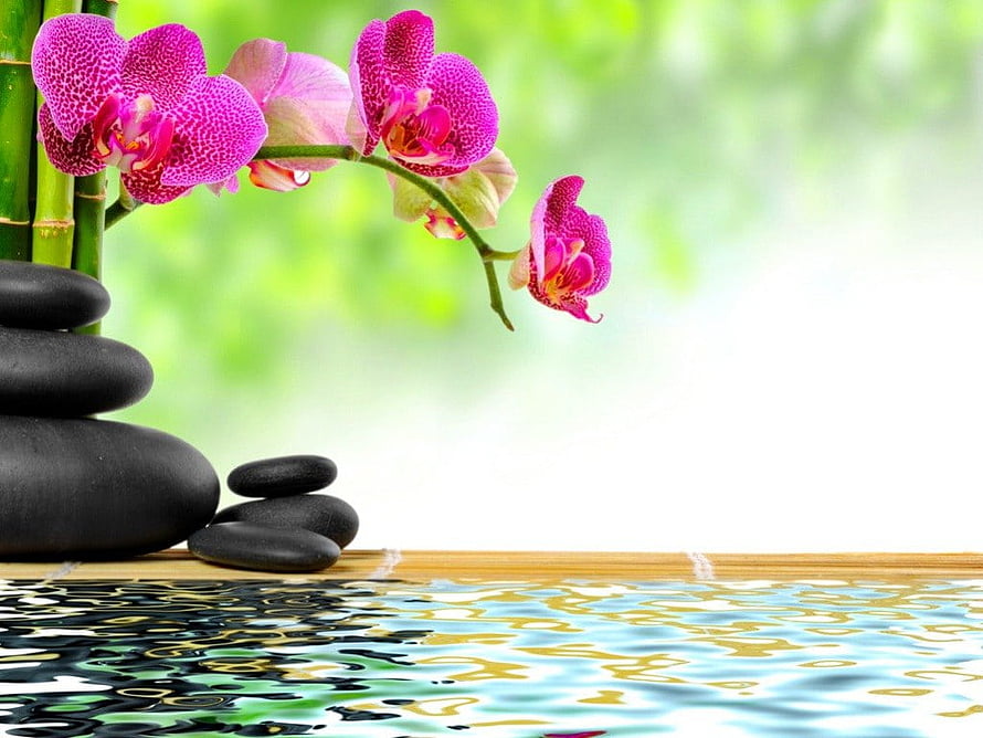 Pink Orchids and Stacked Zen Stones on Bamboo Mat with Water Reflection HD wallpaper