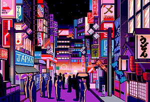 Retro Pixel Art Tokyo Street Scene with Neon Signs and Silhouetted Crowd HD wallpaper