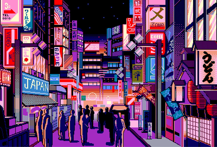 Retro Pixel Art Tokyo Street Scene with Neon Signs and Silhouetted Crowd HD wallpaper