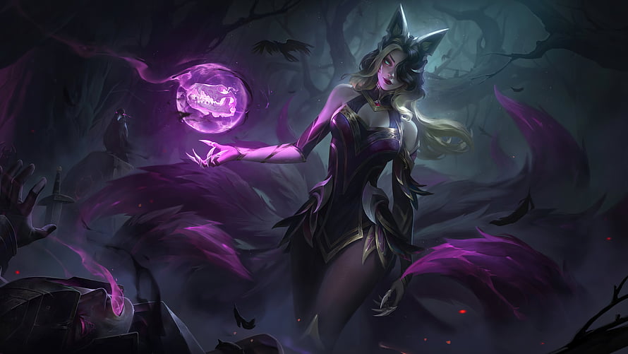 Ahri from League of Legends casting purple magic in a dark forest with glowing orb and spectral effects HD wallpaper