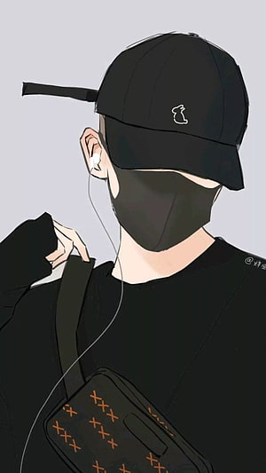 Anime Boy in Black Cap and Face Mask with Crossbody Bag and Earphones HD phone wallpaper