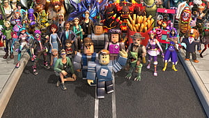 Roblox Character Group Portrait on Urban Street with Diverse Avatars and Mascots HD wallpaper
