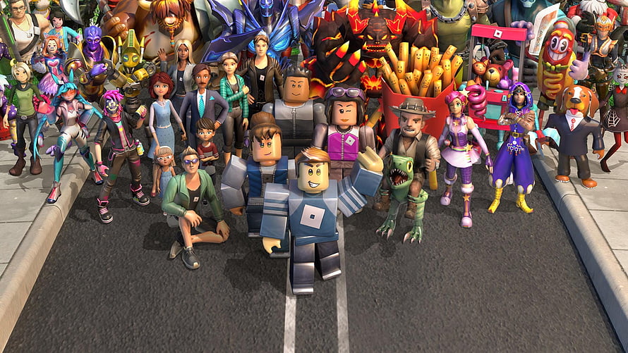 Roblox Character Group Portrait on Urban Street with Diverse Avatars and Mascots HD wallpaper