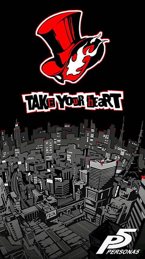 Persona 5 Take Your Heart Logo Above Monochrome Tokyo Cityscape Illustration HD phone wallpaper