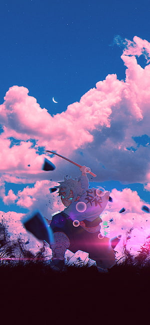 Demon Slayer Anime Character Wielding Katana Under Pink Clouds and Crescent Moon HD phone wallpaper