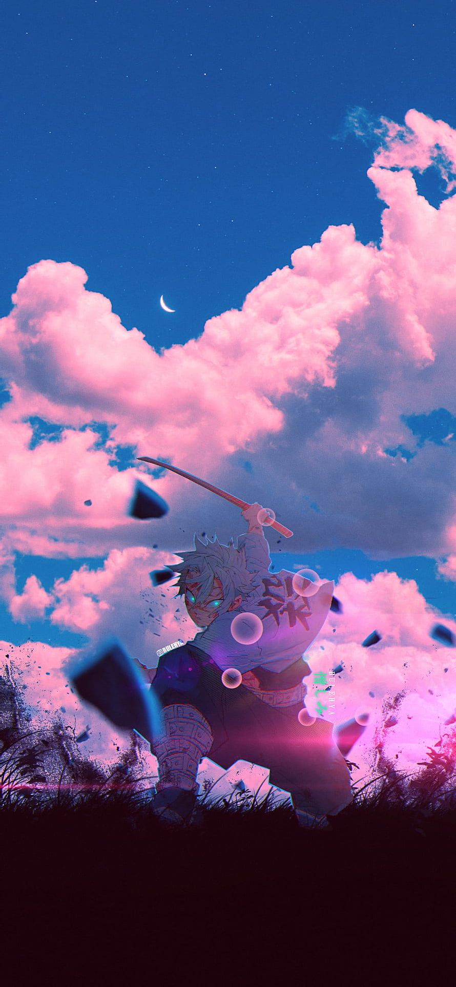 Demon Slayer Anime Character Wielding Katana Under Pink Clouds and Crescent Moon HD phone wallpaper