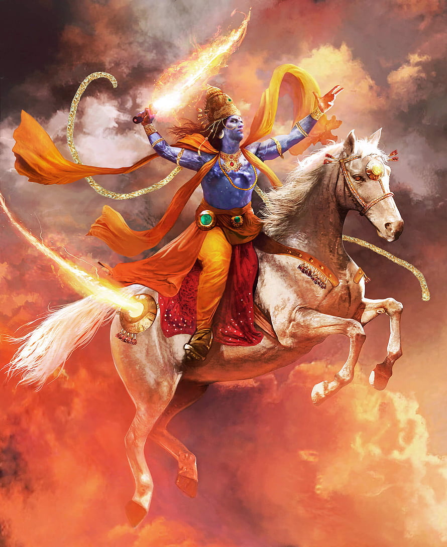 Kalki Avatar of Vishnu Riding a White Horse Through Fiery Clouds HD phone wallpaper