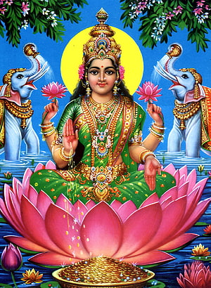 Goddess Lakshmi Seated on Lotus with Elephants and Gold Coins HD phone wallpaper