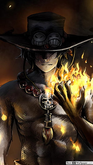 Portgas D. Ace from One Piece Holding Flames in Dark Steampunk Style HD phone wallpaper
