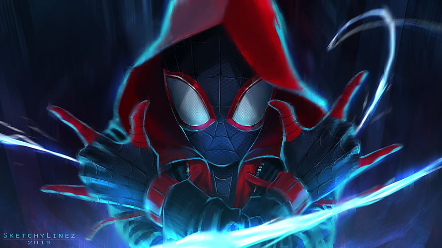 Miles Morales Spider-Man Digital Artwork with Electric Blue Energy Effects HD wallpaper