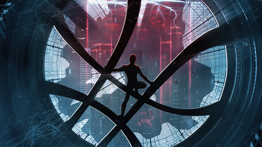 Spider-Man Silhouette Perched on Web Pattern in Dramatic Cinematic Scene HD wallpaper