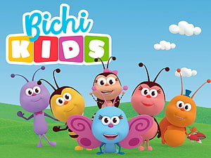 Bichi Kids Cartoon Insect Characters on Green Meadow Under Blue Sky HD wallpaper