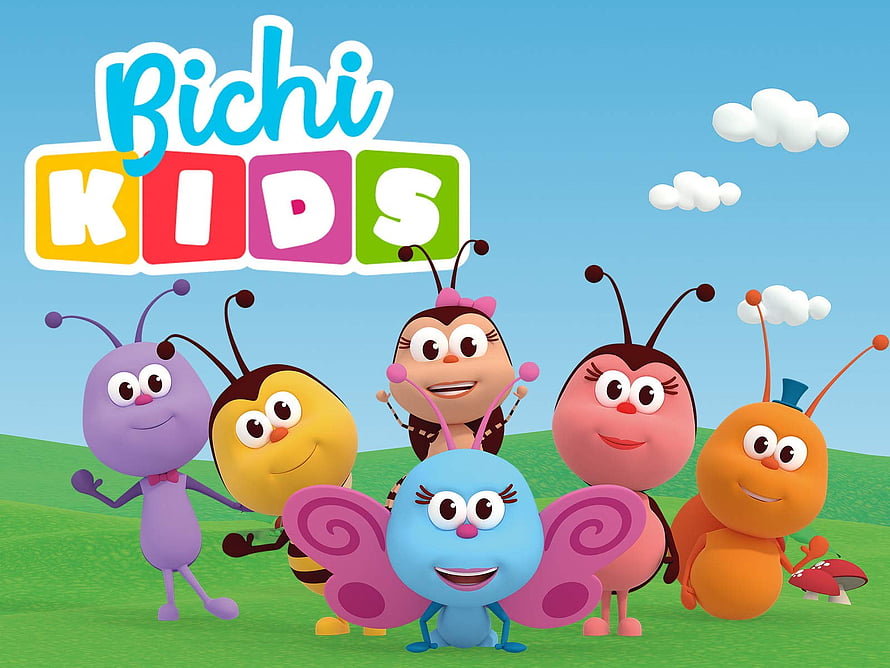 Bichi Kids Cartoon Insect Characters on Green Meadow Under Blue Sky HD wallpaper
