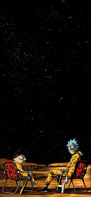 Rick and Morty Stargazing on a Desert Planet Under a Starry Night Sky HD phone wallpaper