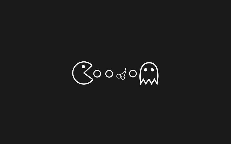 Minimalist Pac-Man and Ghost Line Art on Black Background HD wallpaper