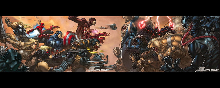 Marvel Avengers and X-Men Heroes Versus Villains Epic Comic Art Battle Scene HD wallpaper