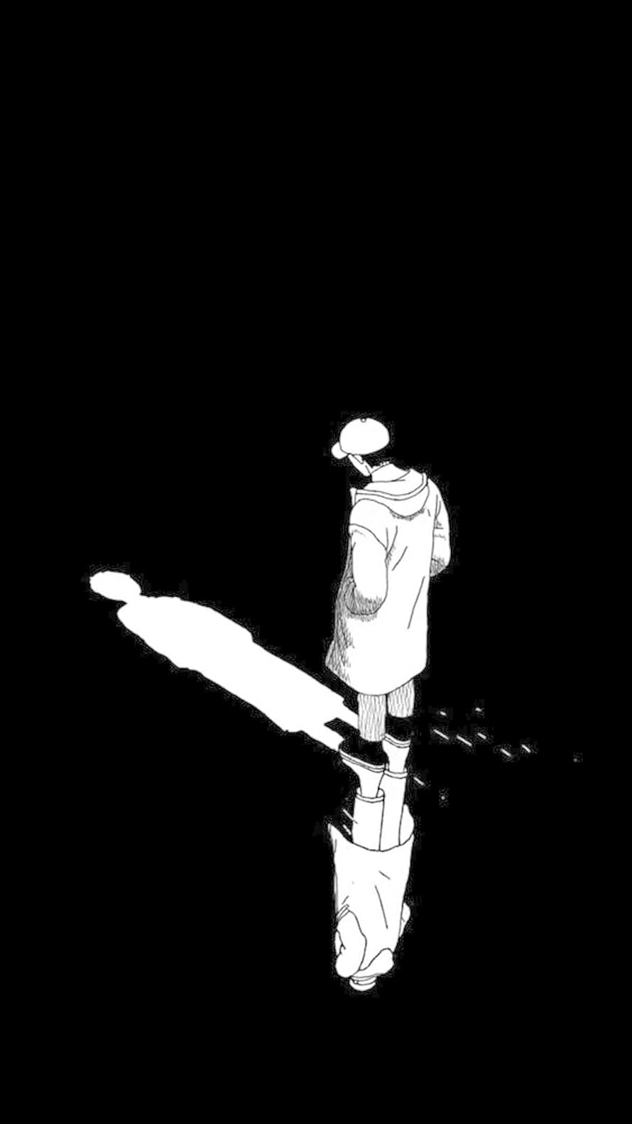 Monochrome Sad Boy Illustration with Long Shadow on Black Background HD phone wallpaper