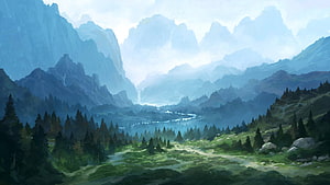 Misty Fantasy Mountain Valley with River and Waterfall Digital Painting HD wallpaper