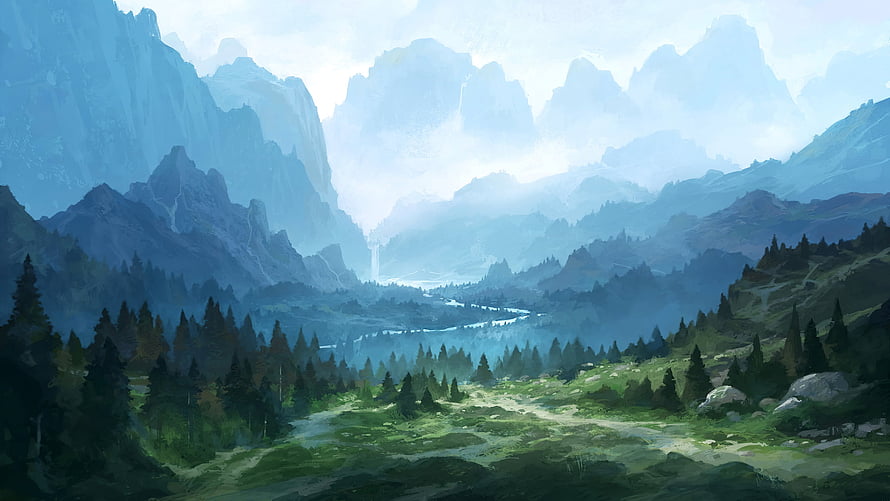 Misty Fantasy Mountain Valley with River and Waterfall Digital Painting HD wallpaper