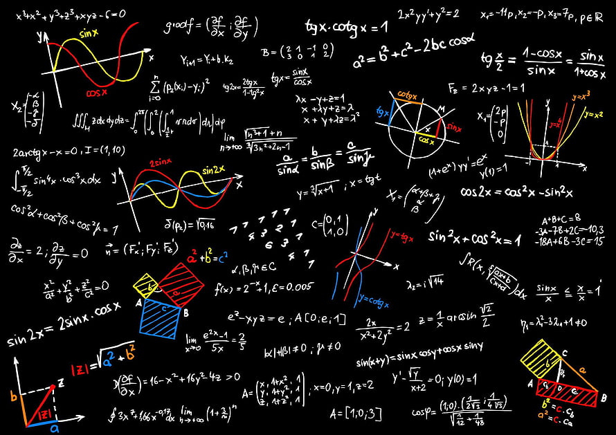 Colorful Mathematical Equations and Geometric Diagrams on Black Background HD wallpaper