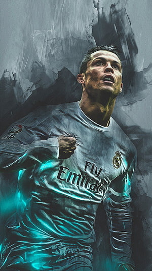 Cristiano Ronaldo Real Madrid Digital Art Portrait with Cyan Glow HD phone wallpaper
