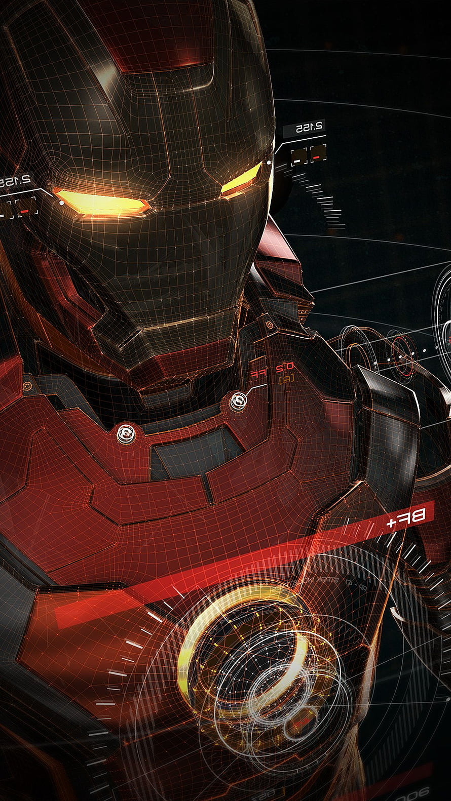 Iron Man Mark 85 Armor Close-Up with Glowing Arc Reactor and Holographic HUD Overlay HD phone wallpaper