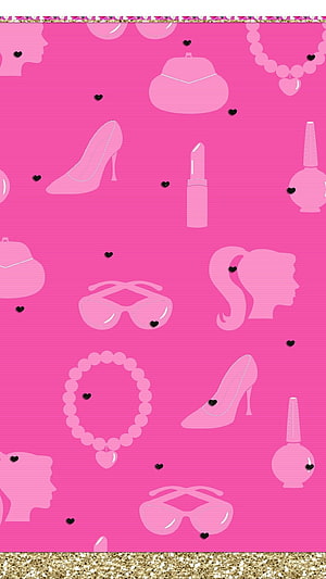 Barbie Pink Fashion Accessories Pattern with High Heels, Handbag, and Gold Glitter Border HD phone wallpaper