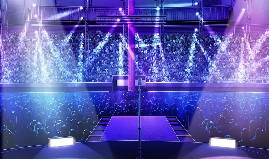 Anime Concert Stage with Massive Crowd and Purple Lighting HD wallpaper