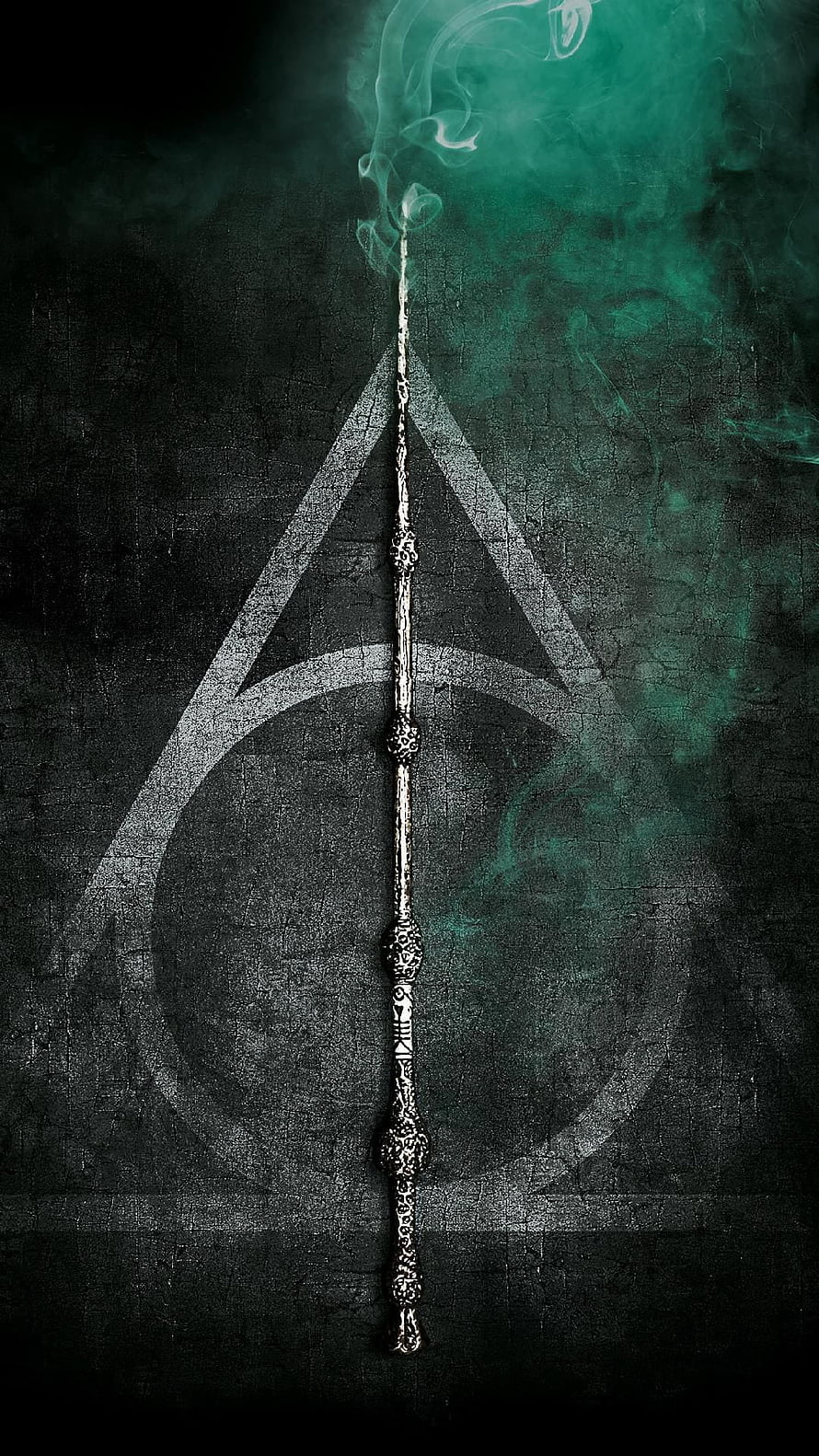 Harry Potter Deathly Hallows Symbol with Ornate Wand and Green Smoke on Dark Textured Background HD phone wallpaper