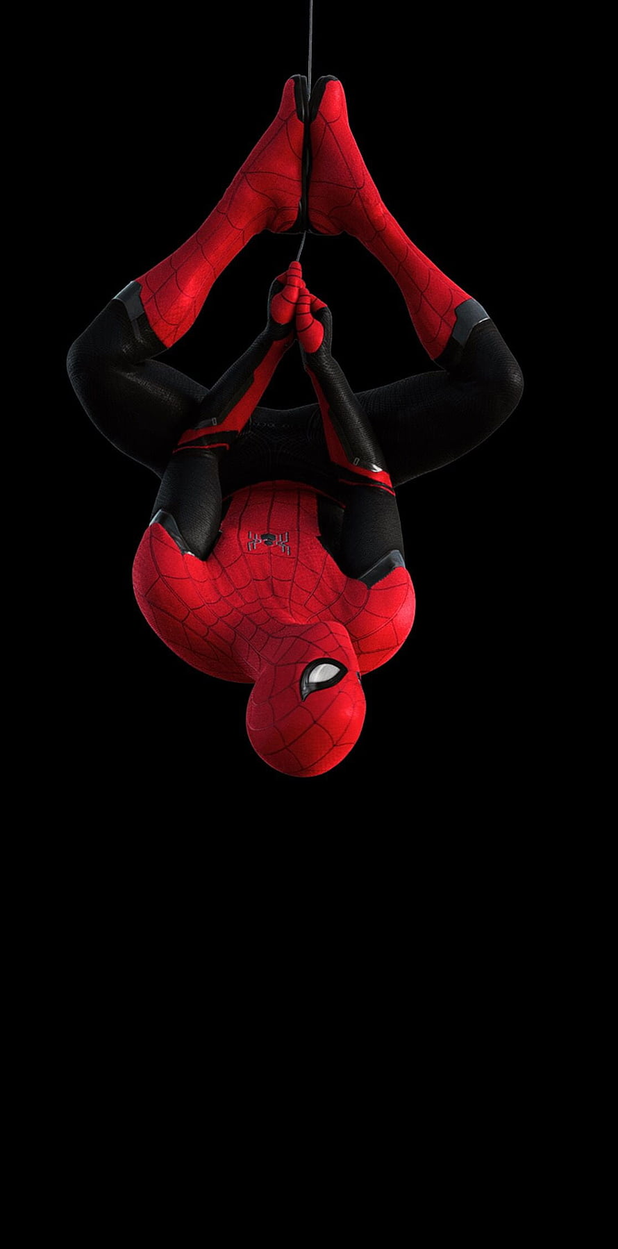 Spider-Man Hanging Upside Down in Red and Black Suit Against Black Background HD phone wallpaper