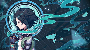 Xiao from Genshin Impact with swirling teal energy and ornate armor in a dark fantasy anime style HD wallpaper