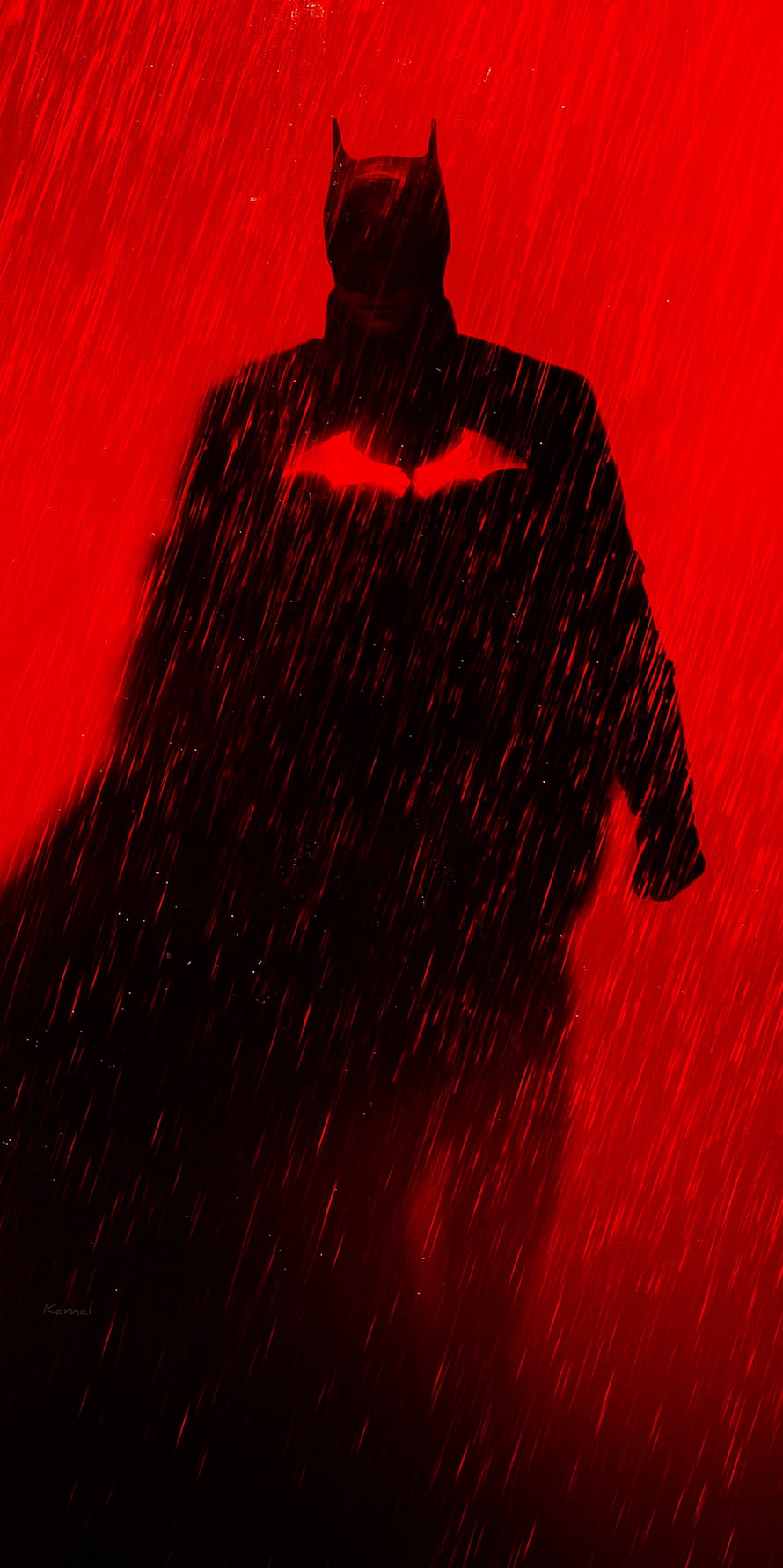 Batman Silhouette in Heavy Rain Against a Vivid Red Background HD phone wallpaper